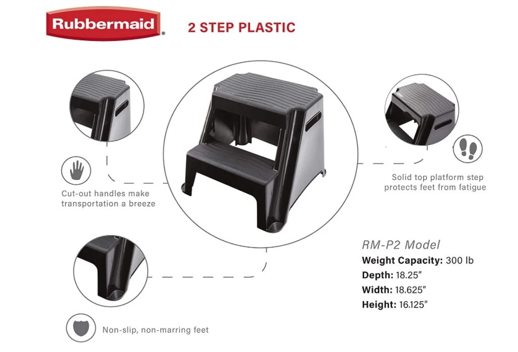 Rubbermaid 2-Step Molded Plastic Stool with Non-Slip Step Treads - Image 2